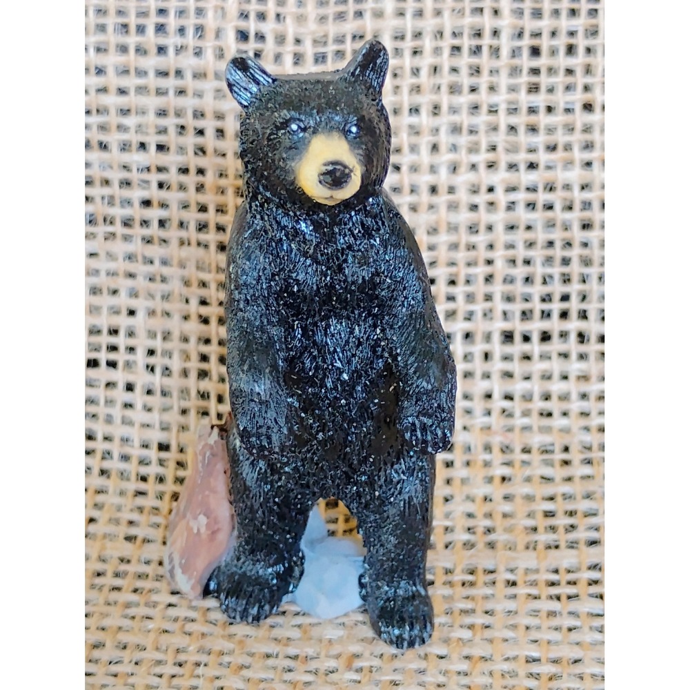 Black Bear Figurine Standing by Tree Stump Resin Woodland Cabin Decor 2.5 Inch